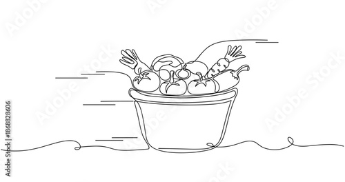 Line drawing of fresh vegetables in a bowl on a table. No editable strokes