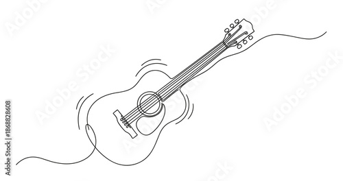 Line art of acoustic guitar with musical vibration waves. No editable strokes