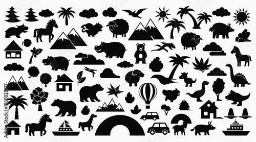 A collection of black silhouettes on a white background featuring various animals landscapes and objects