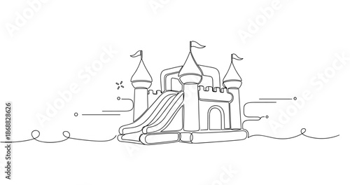 Line art of inflatable bouncy castle with tower and slide design. No editable strokes