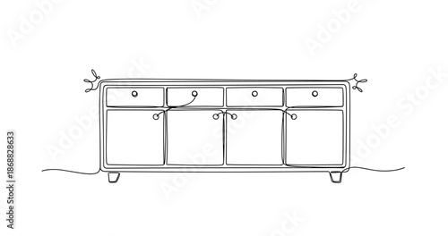 Minimalist continuous line art of a sideboard with elegant details. No editable strokes