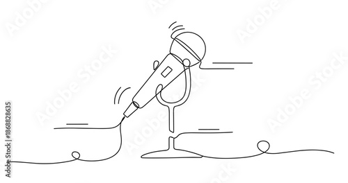 Continuous line drawing of microphone on stand with sound waves. No editable strokes