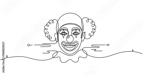 Continuous line drawing of clown with curly hair and big smile. No editable strokes