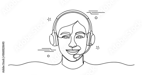 Line art of female customer service representative with headset. No editable strokes