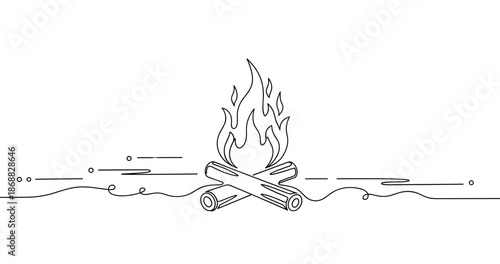 Minimalist campfire illustration with burning logs and flames. No editable strokes