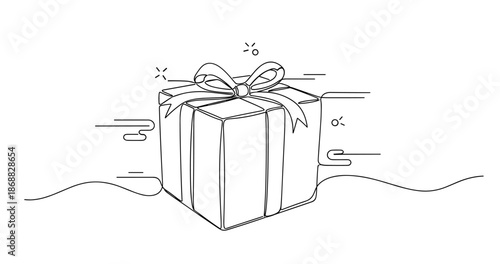 Gift box with ribbon sketch surrounded by decorative lines. No editable strokes