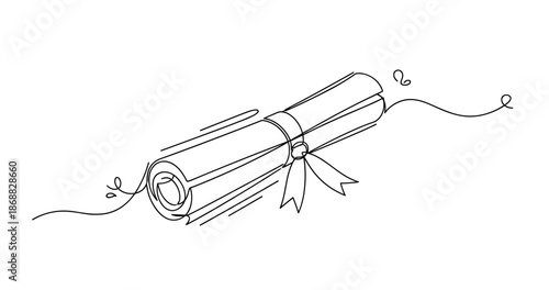 Elegant black and white sketch of rolled diploma with ribbon. No editable strokes