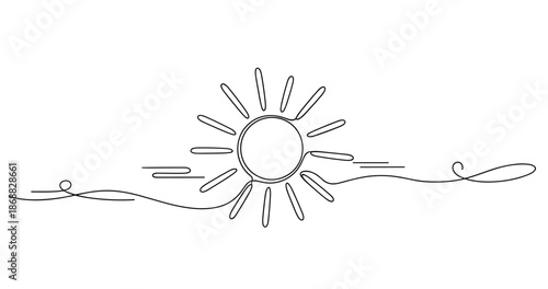 Minimalist sun line art with decorative swirls and clouds. No editable strokes