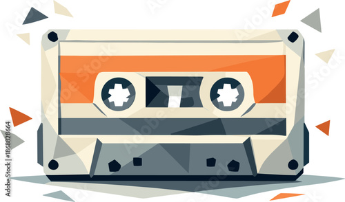 Minimalist Retro Cassette. Low-poly vector illustration of a minimalist retro cassette symbolizing vintage music and timeless