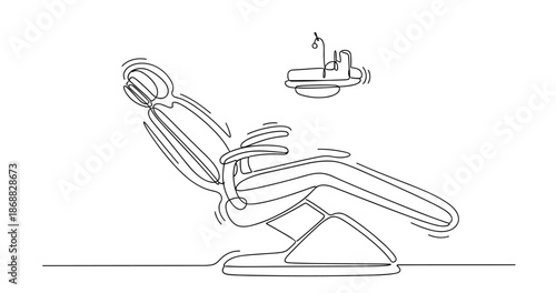 Continuous line drawing of person in dental chair receiving treatment. No editable strokes