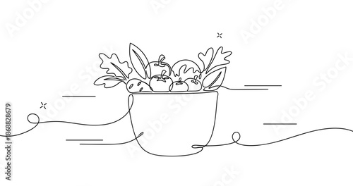 Continuous line drawing of fresh vegetables in a bowl. No editable strokes