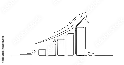 Continuous line drawing of a growing bar graph with upward arrow. No editable strokes