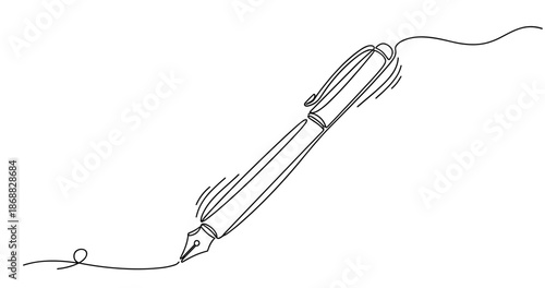 Continuous line art of fountain pen drawing curved line. No editable strokes