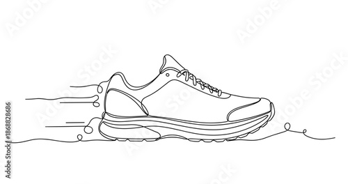 Minimalist continuous line drawing of a running shoe with motion effects. No editable strokes