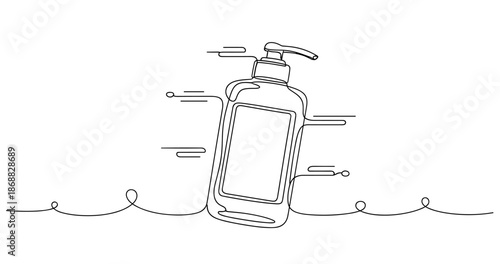 Minimalist line art of soap dispenser with abstract design elements. No editable strokes