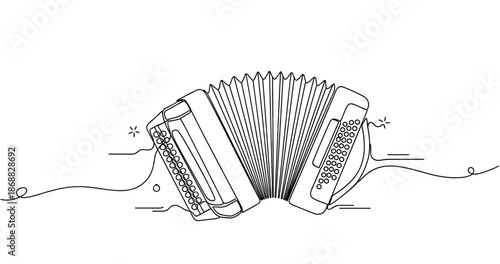 Black and white line art accordion illustration with musical elements. No editable strokes