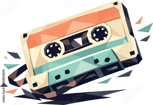 Retro Cassette Vector. Low-poly vector illustration of a retro cassette tape as a symbol of old-school audio and pop culture,