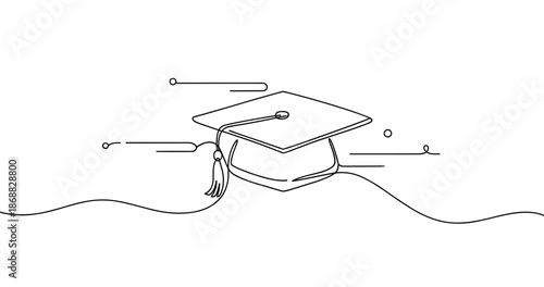 Minimalist graduation cap illustration in continuous line art style. No editable strokes