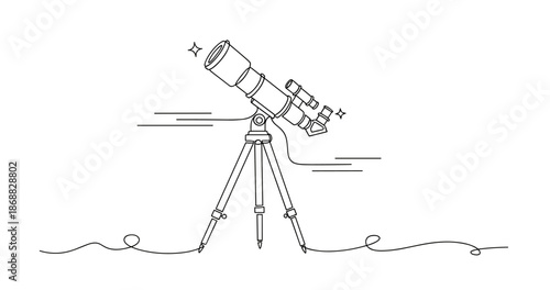 Simple telescope drawing on tripod with sparkles and curved lines in black and white. No editable strokes