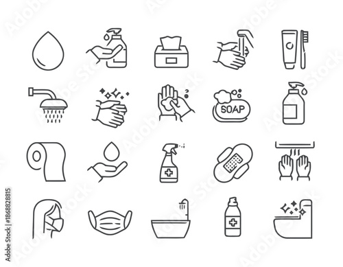 Set of hygiene and sanitation thin line icons such as wash, clean, soap, shower, health, personal, care, sanitizer exactly 200 characters