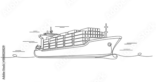 Monochrome cargo ship outline on ocean with stacked shipping containers. No editable strokes
