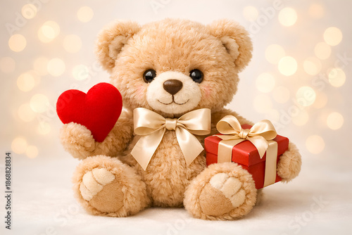 Cute plush teddy bear holding red heart and gift box with ribbon