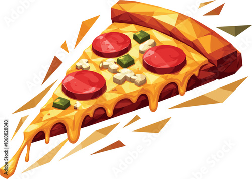 Geometric Pizza Art. Low-poly vector illustration of a cheesy pizza slice representing street food and modern lifestyle, polygonal