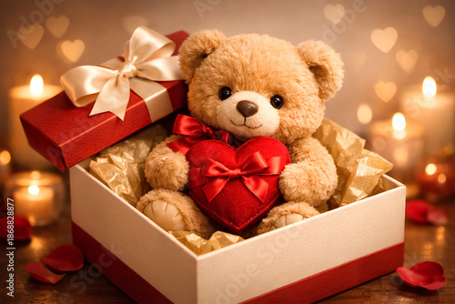 Adorable plush teddy bear with red heart gift inside elegant box in warm candlelight