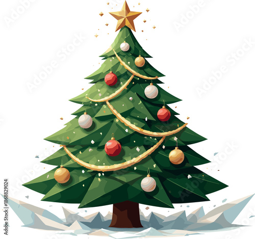 Geometric Christmas Tree. Low-poly vector illustration of a decorated Christmas tree representing winter holidays and celebration,