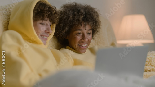 Two teens in hoodies sit cozy with a laptop — a night stream/movie on a sofa, warm relaxed scene.