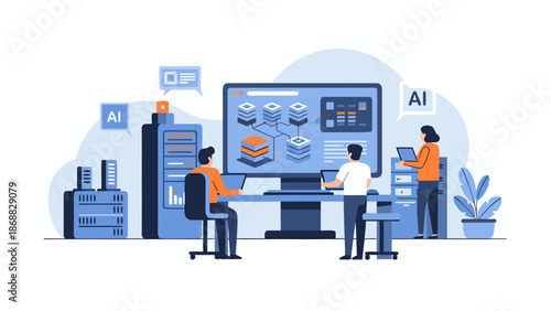 Modern Business Team Collaborating on Artificial Intelligence and Big Data Management in a Cloud Computing Server Room Environment