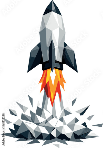 Rocket Launch Vector Art. Low-poly vector illustration of a startup rocket symbolizing launch phase and anticipation, polygonal