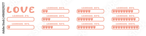 Horizontal love loader progress set from 0 to 100 percent with ten percent steps, illustrated using heart icons to visualize loading romance progress, emotions and relationship themed interface design