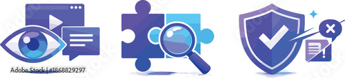 Symbolic Icons Composition. Three symbolic icons showing an eye viewing screens, a puzzle piece for analysis, and a shield