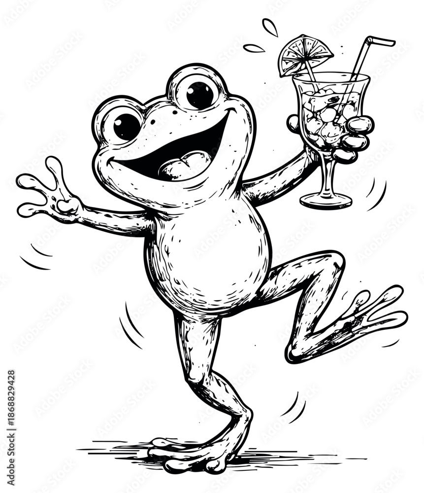 Naklejka premium Hand drawn line art illustration of a happy frog depicting it dancing and holding a cocktail for a summer party