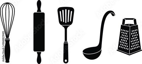 Set of kitchen utensils for cooking and baking. Whisk, a rolling pin, a slotted spatula, a ladle, and a box grater vector silhouette illustration.  