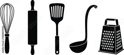 Set of kitchen utensils for cooking and baking. Whisk, a rolling pin, a slotted spatula, a ladle, and a box grater vector silhouette illustration.  