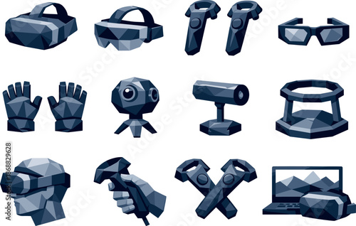 VR Icon Set. Virtual Reality Low-Poly Vector Icon Set, VR devices, motion controllers, immersive gaming. Low-poly vector icon set