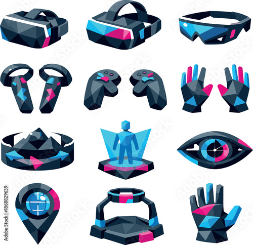 VR Icon Set. Virtual Reality Low-Poly Vector Icon Set, VR headsets, controllers, augmented perception. Low-poly vector icon set