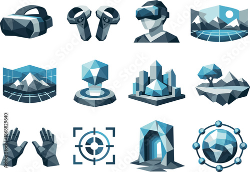 Low-Poly VR Icon Set. Virtual Reality Low-Poly Vector Icon Set, VR goggles, handheld controllers, digital environments. Low-poly