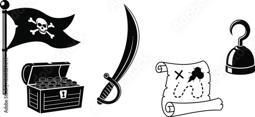 Jolly Roger flag on a flagpole, open treasure chest overflowing with gold coins, pirate saber, treasure map, pirate hook hand vector illustration silhouette. 