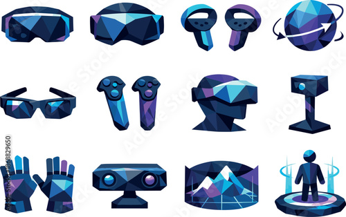 VR Icon Grid. Virtual Reality Low-Poly Vector Icon Set, VR headsets, controllers, smart glasses, immersive technology. Low-poly