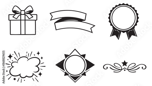 Hand drawn graphic elements set featuring a gift box, ribbons, a rosette badge, a comic burst, and ornamental frames for celebrations and creative design