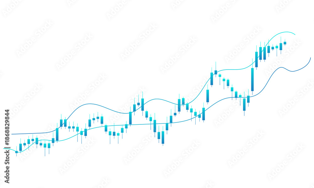 Obraz premium Cyan Light Blue Candlestick Trading Chart With Smooth Moving Average Market Trend Isolated on Transparent Background