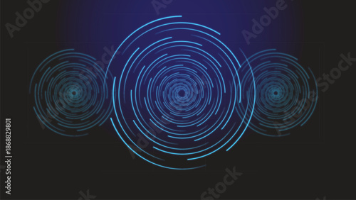 An abstract blue background featuring a swirl of light and concentric circles creates a motion-filled fractal pattern of energy and wave textures against a dark space galaxy backdrop