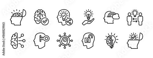 Set of Idea Mind Thinking Icons in Line Style such as Brain, Head, Share, Rainbow Isolated on White Background Vector Illustration