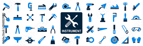 Set of Instrument Tool Icons in Blue and Dark Blue Colors Including Wrench, Screwdriver, Hammer, Pliers, Drill, Measuring Tape, Saw, Shovel, Spatula, Caliper, and Safety Glasses
