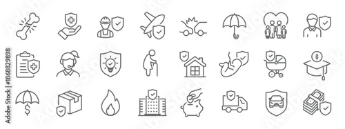 Set of Insurance Icons in Outline Style Life Protection Safety Health Medical Home Car Travel Finance Security Support Policy Risk Accident Healthcare