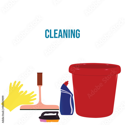 Household Cleaning Tools and Bucket Flat Vector Illustration