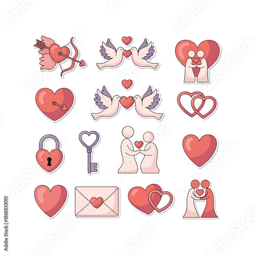 Collection of heart-themed illustrations showcasing love and affection through various symbols and couple representations